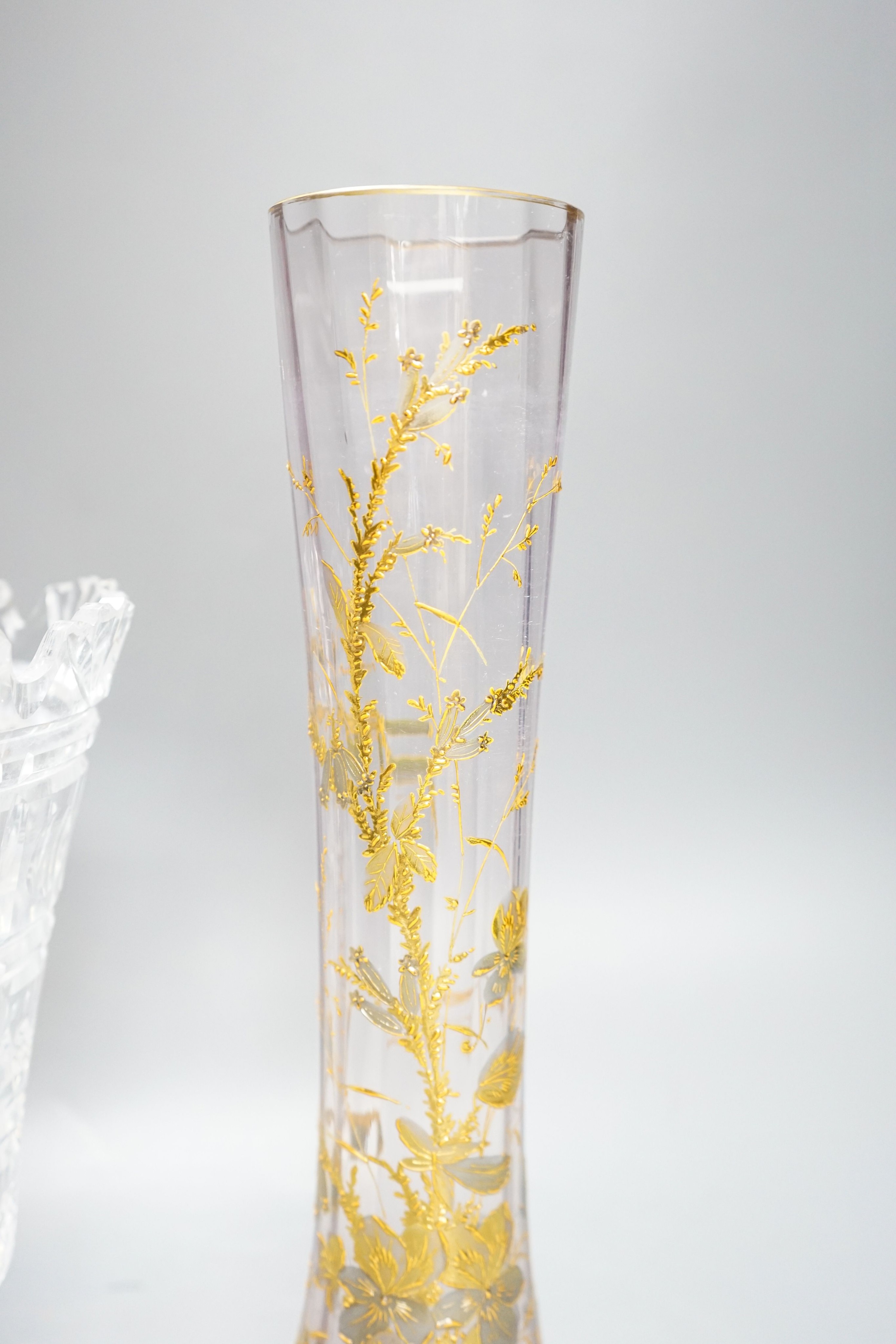 A Bohemian gilt decorated glass vase and a Waterford cut glass vase, tallest 33 cm